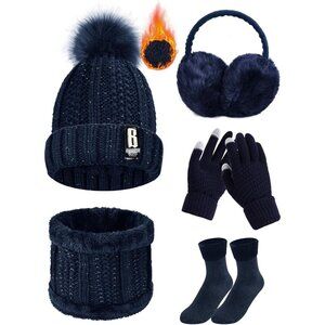 Winter Knitted Set Blue Women and Girls Hat Scarf Gloves Earmuffs Socks Warmer